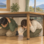 Illustration of adults calmly practicing earthquake sheltering under a sturdy table