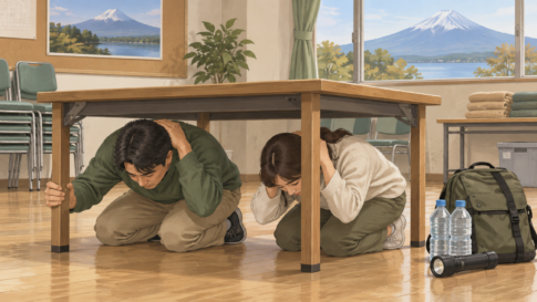 Illustration of adults calmly practicing earthquake sheltering under a sturdy table