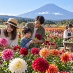 Families enjoying dahlias and a flower craft table in a highland field below Mount Fuji