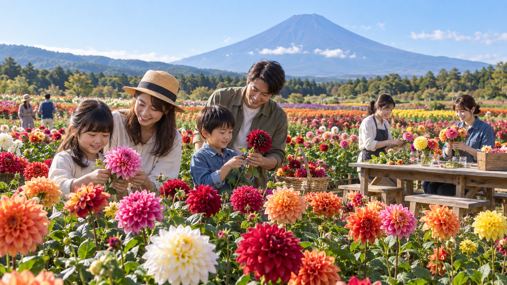 Families enjoying dahlias and a flower craft table in a highland field below Mount Fuji