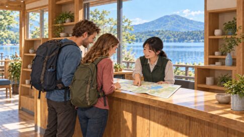 Illustration of travelers receiving map guidance at a lakeside visitor information counter